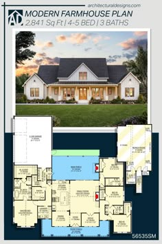 the modern farmhouse house plan is shown