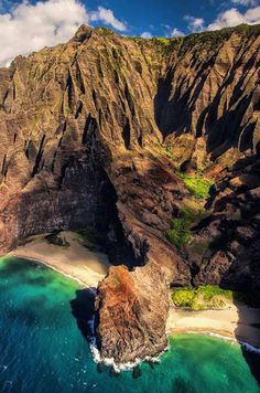 an aerial view of the beach and cliffs near kalapana, kaua'i