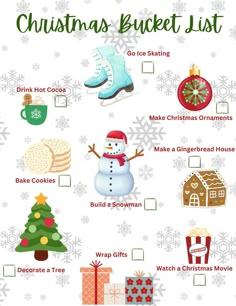 a christmas bucket list with snowman, gifts and other things to put in it