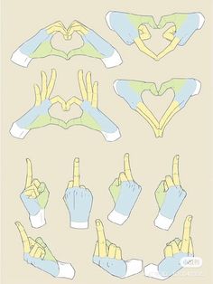 an image of hand gestures drawn in different colors and shapes with fingers pointing to the heart