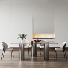 a dining room table with chairs and a vase on the top, in front of a fireplace