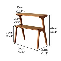 a wooden table with measurements for the top and bottom shelf on each side, including height