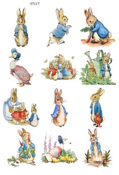 some very cute little rabbits in different positions and colors on the same page, each with their own name