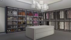 an empty room with shelves filled with clothes