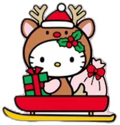 hello kitty on sled with christmas gifts in her hand and santa hat over her head