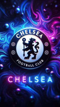 the chelsea football club logo is displayed on a wall with blue and purple swirls