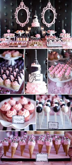 pink and black dessert table for a baby shower