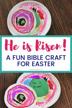 two paper plates with the words he is risen on them and an easter egg in the middle