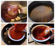 four pictures show the process of cooking meat and vegetables in a saucepan, then being mixed with other ingredients