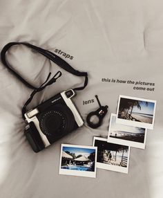 a camera and some polaroid pictures on a bed with the words instagrams