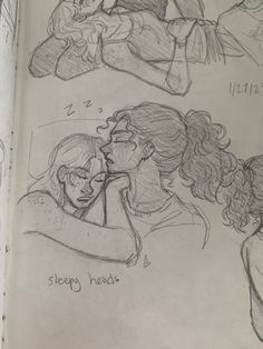 two drawings of people hugging each other and one is holding the other's head