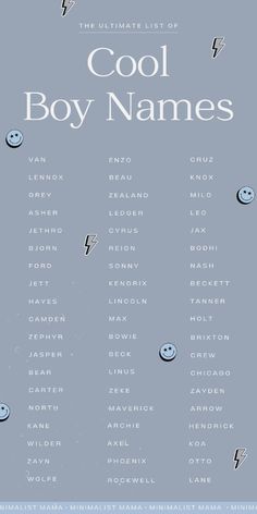 the ultimate list of cool boy names in blue and white with smiley faces on them