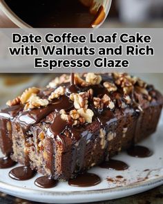 a piece of cake with walnuts and rich espresso glaze on top