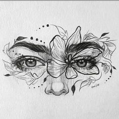 a drawing of a woman's face with flowers and leaves around her eyes on paper