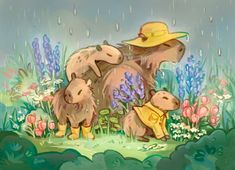 two bears are standing in the grass with flowers and rain falling down on their heads