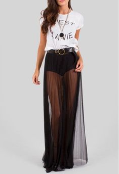 97d0145823aeb8ed80617be62e08bdccdesc40697243ri Long Black Sheer Skirt Outfit, Sheer Skirt Festival Outfit, Sheer Skirt Outfit, Celebrity Coachella Outfits, Pant Skirt, Look Festival, Rock Outfit, Coachella Outfit, Sheer Skirt