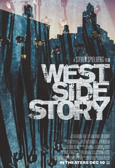 a movie poster for west side story with skis in the foreground and buildings in the background