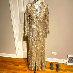 Nwot Soulmates Silk Matching Dress Set Suit Lace Sheer Dress Set Cover Shrug Neutral Beige Sz Xl Beaded Versatile Cocktail Party Evening Formal Wedding Guest Mother’s Bride Special Occasion All Sales Are Final Festive Embroidered Mother Of The Bride Dress, Silk Dress With Jacket, Lace Sheer Dress, Sheer Lace Dress, Formal Wedding Guests, Set Cover, Evening Formal, Neutral Beige, Dress Set