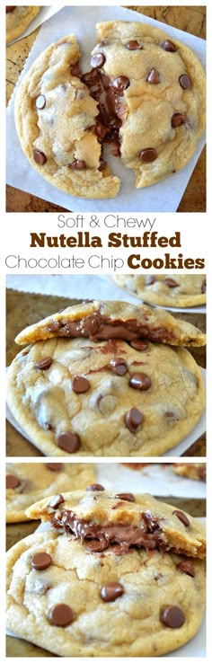 chocolate chip cookies are stuffed with nutella in the middle