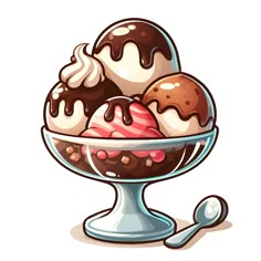 three scoops of ice cream in a glass bowl with chocolate and vanilla topping on top