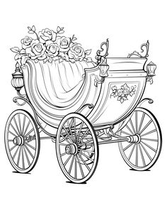 a horse drawn carriage with flowers on the front and side, in black and white