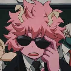 an anime character with pink hair and sunglasses in front of other characters wearing black suits