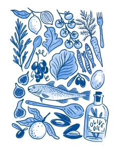 blue ink drawing of food and vegetables