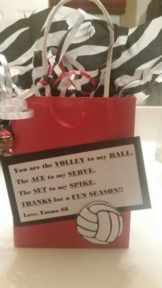 there is a red bag with a volleyball tag on it that says you are the volley to my ball