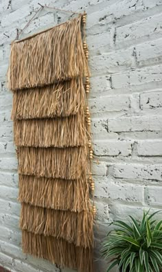 a wall hanging made out of straw next to a potted plant on the side of a building