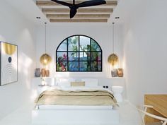 a bedroom with white walls and ceiling fan