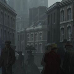 people walking in the rain on a city street with tall buildings and clock tower behind them