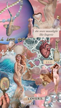 a collage of different images with words and pictures on the bottom, including an image of a woman holding a mirror in her hand