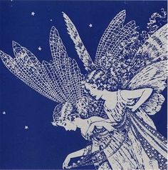 a blue and white drawing of a fairy with stars in the sky behind her is an angel