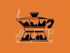 an orange background with a coffee pot and two cups on the bottom one is filled with liquid