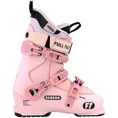 the full tilt ski boot is pink and white with black trims on the bottom