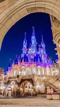 the castle is lit up at night with purple lights