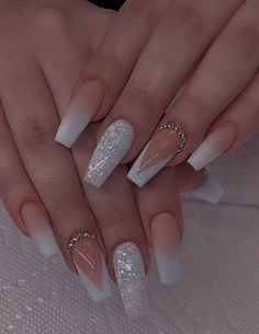 Nails Acrylic Square Neutral, Glam Nails White, Hollywood Nails Ideas, Nails Acrylic Crystal, Coffin Shape Wedding Nails, Coffin Bridal Nails Wedding, Short Nail Designs For Graduation, Grad Nail Designs, Bride Acrylic Nails Wedding