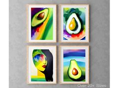 four paintings on the wall, each with an avocado