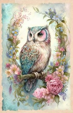 an owl is sitting on a branch with flowers