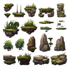 a bunch of different rocks and plants in the middle of each rock, with grass growing on them