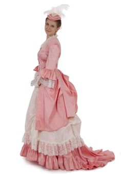 You will adore wearing this fabulous 3-piece dress! You choose the dupioni color for the polonaise jacket and underskirt, as well as the lace and taffeta color for the overskirt and trim on the jacket. This set consists of three pieces: a Polonaise, taffeta overskirt and dupioni underskirt. The polonaise bodice has a square neckline in front accented with lace, and framed by a lace-overlay in center front and back. Elbow length sleeves have a dupioni ruffle and lace flounces. The underskirt is m