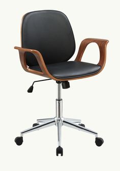 an office chair with wooden arms and black leather upholstered seat, viewed from the front