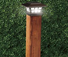 a light that is on top of a wooden post in front of some grass and bushes