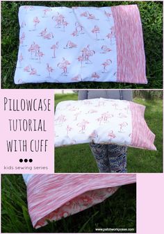 the pillow case is made from fabric and has pink flamingos on it