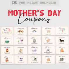 the mother's day coupons are on display in front of a white background