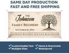 a banner with the words, save day production fast and free shipping for family reunion