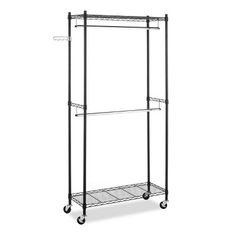 a black metal garment rack with wheels on the bottom and two shelves below it, against a white background