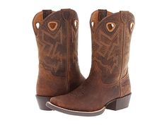 Ariat Kids Charger (Toddler/Little Kid/Big Kid) (Distressed Brown) Kid's Shoes They're ready to take the bull by the horns with the rugged Ariat Kids Charger boots! Slip-on western boots crafted in a full-grain leather upper with tonal stitching along the shaft. Pull-on design with reinforced pull holes at the sides for easy on-and-off. Square-toe silhouette features a four-row stitch along the top man-made lining and a TPR outsol #AriatKids #Shoes #ClosedFootwear #GeneralClosedFootwear #Brown The Bull, Big Kid, Western Boots, Full Grain Leather, Big Kids, Shoes Online, Cowboy Boots, Kids Shoes