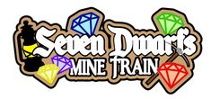 the logo for seven dwarfs mine train, with different colored diamonds and an image of a wizard