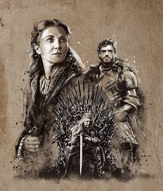 two people standing next to each other in front of a drawing of the iron throne